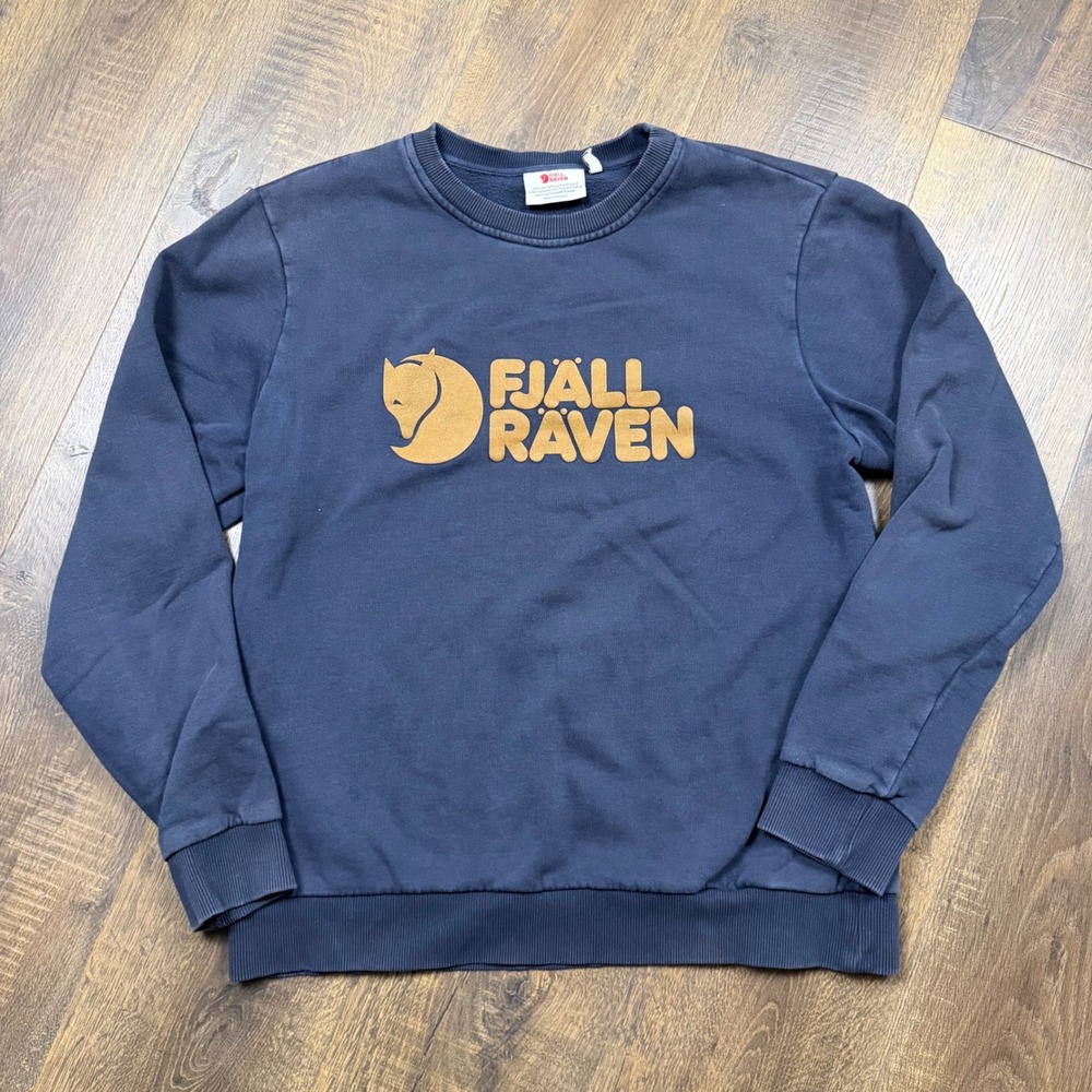 Fjallraven Logo Sweater Mens M Navy Orange Spellout Crewneck Made Portugal
